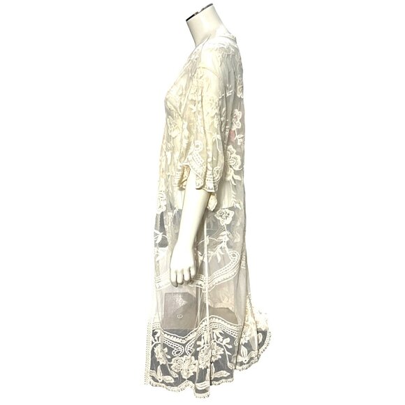 CCC Sheer Ivory Floral Embroidered Long Kimono Cardigan Cover Up Poncho Shawl OS - Picture 2 of 8